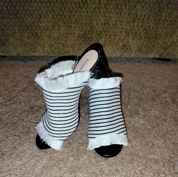 Gianni Bini (Size 9.5M) Frayed Striped Pattern Slipon Peep Toe Mule Chunky Heels - Picture 2 of 13